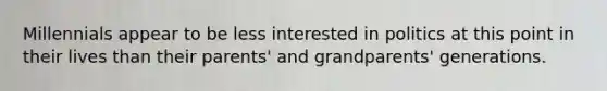 Millennials appear to be less interested in politics at this point in their lives than their parents' and grandparents' generations.