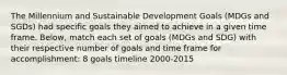 The Millennium and Sustainable Development Goals (MDGs and SGDs) had specific goals they aimed to achieve in a given time frame. Below, match each set of goals (MDGs and SDG) with their respective number of goals and time frame for accomplishment: 8 goals timeline 2000-2015