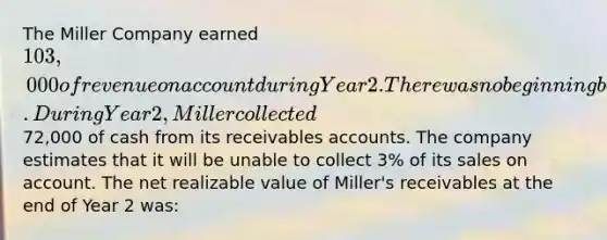 The Miller Company earned 103,000 of revenue on account during Year 2. There was no beginning balance in the accounts receivable and allowance accounts. During Year 2, Miller collected72,000 of cash from its receivables accounts. The company estimates that it will be unable to collect 3% of its sales on account. The net realizable value of Miller's receivables at the end of Year 2 was: