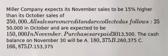 Miller Company expects its November sales to be 15​% higher than its October sales of 250,000. All sales are on credit and are collected as​ follows: 25​% in the month of the sale and 70​% In the following month. Purchases were50,000 in October and are expected to be 150,000 In November. Purchases are paid 30​% in the month of purchase and 70​% in the following month. The cash balance on November 1 is13,500. The cash balance on November 30 will be A. 180,375 B.260,375 C. 166,875 D.153,375