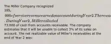 The Miller Company recognized 105,000 of service revenue earned on account during Year 2. There was no beginning balance in the accounts receivable and allowance accounts. During Year 2, Miller collected73,000 of cash from accounts receivable. The company estimates that it will be unable to collect 3% of its sales on account. The net realizable value of Miller's receivables at the end of Year 2 was: