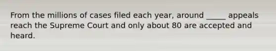 From the millions of cases filed each year, around _____ appeals reach the Supreme Court and only about 80 are accepted and heard.