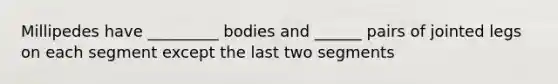 Millipedes have _________ bodies and ______ pairs of jointed legs on each segment except the last two segments