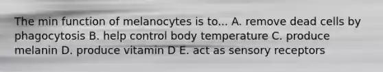 The min function of melanocytes is to... A. remove dead cells by phagocytosis B. help control body temperature C. produce melanin D. produce vitamin D E. act as sensory receptors