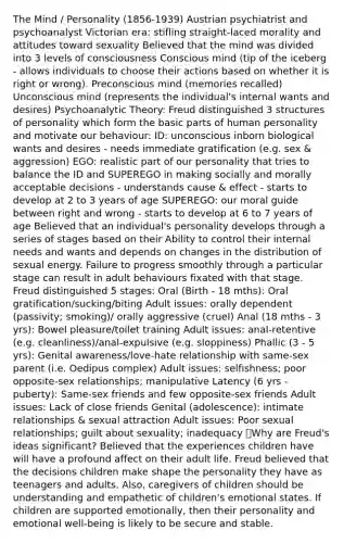 The Mind / Personality (1856-1939) Austrian psychiatrist and psychoanalyst Victorian era: stifling straight-laced morality and attitudes toward sexuality Believed that the mind was divided into 3 levels of consciousness Conscious mind (tip of the iceberg - allows individuals to choose their actions based on whether it is right or wrong). Preconscious mind (memories recalled) Unconscious mind (represents the individual's internal wants and desires) Psychoanalytic Theory: Freud distinguished 3 structures of personality which form the basic parts of human personality and motivate our behaviour: ID: unconscious inborn biological wants and desires - needs immediate gratification (e.g. sex & aggression) EGO: realistic part of our personality that tries to balance the ID and SUPEREGO in making socially and morally acceptable decisions - understands cause & effect - starts to develop at 2 to 3 years of age SUPEREGO: our moral guide between right and wrong - starts to develop at 6 to 7 years of age Believed that an individual's personality develops through a series of stages based on their Ability to control their internal needs and wants and depends on changes in the distribution of sexual energy. Failure to progress smoothly through a particular stage can result in adult behaviours fixated with that stage. Freud distinguished 5 stages: Oral (Birth - 18 mths): Oral gratification/sucking/biting Adult issues: orally dependent (passivity; smoking)/ orally aggressive (cruel) Anal (18 mths - 3 yrs): Bowel pleasure/toilet training Adult issues: anal-retentive (e.g. cleanliness)/anal-expulsive (e.g. sloppiness) Phallic (3 - 5 yrs): Genital awareness/love-hate relationship with same-sex parent (i.e. Oedipus complex) Adult issues: selfishness; poor opposite-sex relationships; manipulative Latency (6 yrs - puberty): Same-sex friends and few opposite-sex friends Adult issues: Lack of close friends Genital (adolescence): intimate relationships & sexual attraction Adult issues: Poor sexual relationships; guilt about sexuality; inadequacy Why are Freud's ideas significant? Believed that the experiences children have will have a profound affect on their adult life. Freud believed that the decisions children make shape the personality they have as teenagers and adults. Also, caregivers of children should be understanding and empathetic of children's emotional states. If children are supported emotionally, then their personality and emotional well-being is likely to be secure and stable.