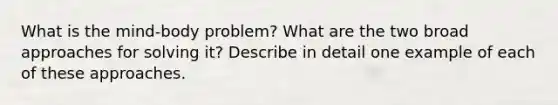 What is the mind-body problem? What are the two broad approaches for solving it? Describe in detail one example of each of these approaches.