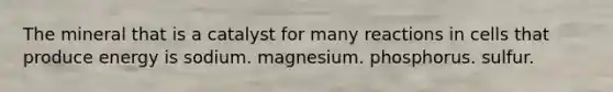 The mineral that is a catalyst for many reactions in cells that produce energy is sodium. magnesium. phosphorus. sulfur.