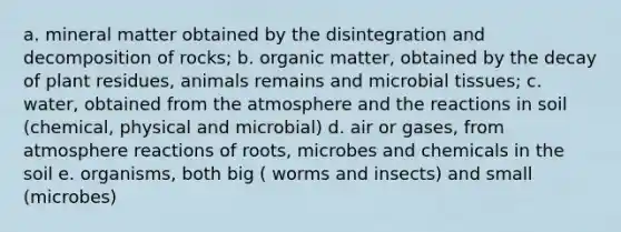 a. mineral matter obtained by the disintegration and decomposition of rocks; b. organic matter, obtained by the decay of plant residues, animals remains and microbial tissues; c. water, obtained from the atmosphere and the reactions in soil (chemical, physical and microbial) d. air or gases, from atmosphere reactions of roots, microbes and chemicals in the soil e. organisms, both big ( worms and insects) and small (microbes)