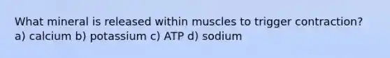 What mineral is released within muscles to trigger contraction? a) calcium b) potassium c) ATP d) sodium