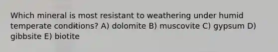 Which mineral is most resistant to weathering under humid temperate conditions? A) dolomite B) muscovite C) gypsum D) gibbsite E) biotite