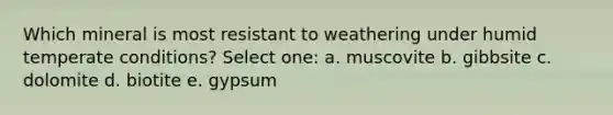 Which mineral is most resistant to weathering under humid temperate conditions? Select one: a. muscovite b. gibbsite c. dolomite d. biotite e. gypsum