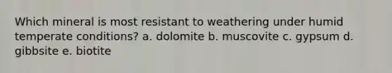 Which mineral is most resistant to weathering under humid temperate conditions? a. dolomite b. muscovite c. gypsum d. gibbsite e. biotite