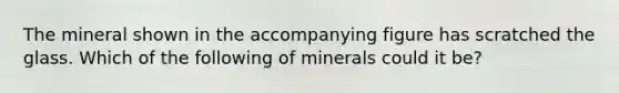 The mineral shown in the accompanying figure has scratched the glass. Which of the following of minerals could it be?