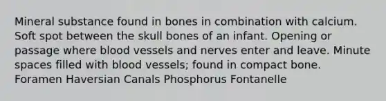 Mineral substance found in bones in combination with calcium. Soft spot between the skull bones of an infant. Opening or passage where blood vessels and nerves enter and leave. Minute spaces filled with blood vessels; found in compact bone. Foramen Haversian Canals Phosphorus Fontanelle