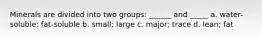 Minerals are divided into two groups: ______ and _____ a. water-soluble; fat-soluble b. small; large c. major; trace d. lean; fat