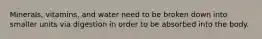 Minerals, vitamins, and water need to be broken down into smaller units via digestion in order to be absorbed into the body.