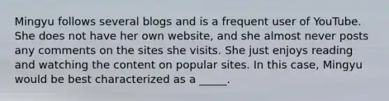 Mingyu follows several blogs and is a frequent user of YouTube. She does not have her own website, and she almost never posts any comments on the sites she visits. She just enjoys reading and watching the content on popular sites. In this case, Mingyu would be best characterized as a _____.