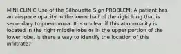 MINI CLINIC Use of the Silhouette Sign PROBLEM: A patient has an airspace opacity in the lower half of the right lung that is secondary to pneumonia. It is unclear if this abnormality is located in the right middle lobe or in the upper portion of the lower lobe. Is there a way to identify the location of this infiltrate?