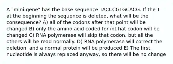 A "mini-gene" has the base sequence TACCCGTGCACG. If the T at the beginning the sequence is deleted, what will be the consequence? A) all of the codons after that point will be changed B) only the amino acid coded for int hat codon will be changed C) RNA polymerase will skip that codon, but all the others will be read normally. D) RNA polymerase will correct the deletion, and a normal protein will be produced E) The first nucleotide is always replaced anyway, so there will be no change