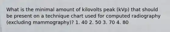 What is the minimal amount of kilovolts peak (kVp) that should be present on a technique chart used for computed radiography (excluding mammography)? 1. 40 2. 50 3. 70 4. 80