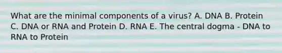 What are the minimal components of a virus? A. DNA B. Protein C. DNA or RNA and Protein D. RNA E. The central dogma - DNA to RNA to Protein