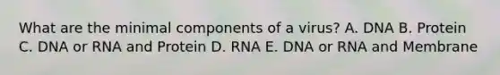 What are the minimal components of a virus? A. DNA B. Protein C. DNA or RNA and Protein D. RNA E. DNA or RNA and Membrane