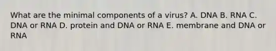 What are the minimal components of a virus? A. DNA B. RNA C. DNA or RNA D. protein and DNA or RNA E. membrane and DNA or RNA