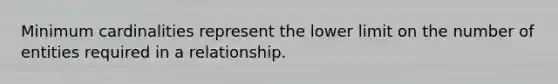 Minimum cardinalities represent the lower limit on the number of entities required in a relationship.