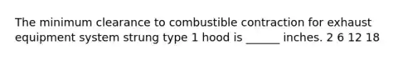 The minimum clearance to combustible contraction for exhaust equipment system strung type 1 hood is ______ inches. 2 6 12 18