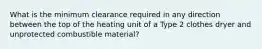 What is the minimum clearance required in any direction between the top of the heating unit of a Type 2 clothes dryer and unprotected combustible material?