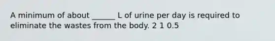 A minimum of about ______ L of urine per day is required to eliminate the wastes from the body. 2 1 0.5