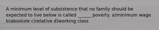 A minimum level of subsistence that no family should be expected to live below is called ______ poverty. a)minimum wage b)absolute c)relative d)working class