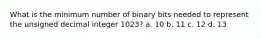 What is the minimum number of binary bits needed to represent the unsigned decimal integer 1023? a. 10 b. 11 c. 12 d. 13