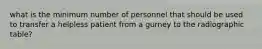 what is the minimum number of personnel that should be used to transfer a helpless patient from a gurney to the radiographic table?