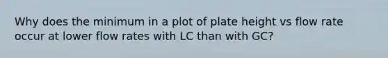 Why does the minimum in a plot of plate height vs flow rate occur at lower flow rates with LC than with GC?