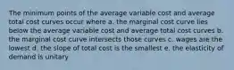 The minimum points of the average variable cost and average total cost curves occur where a. the marginal cost curve lies below the average variable cost and average total cost curves b. the marginal cost curve intersects those curves c. wages are the lowest d. the slope of total cost is the smallest e. the elasticity of demand is unitary