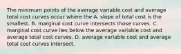 The minimum points of the average variable cost and average total cost curves occur where the A. slope of total cost is the smallest. B. marginal cost curve intersects those curves. C. marginal cost curve lies below the average variable cost and average total cost curves. D. average variable cost and average total cost curves intersect.