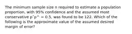 The minimum sample size n required to estimate a population proportion, with 95% confidence and the assumed most conservative pˆp^ = 0.5, was found to be 122. Which of the following is the approximate value of the assumed desired margin of error?