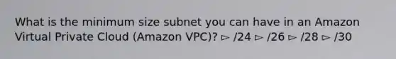 What is the minimum size subnet you can have in an Amazon Virtual Private Cloud (Amazon VPC)? ▻ /24 ▻ /26 ▻ /28 ▻ /30