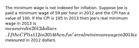 The minimum wage is not indexed for inflation. Suppose Joe is paid a minimum wage of 59 per hour in 2012 and the CPI has a value of 100. If the CPl is 105 in 2013 then Joe's real minimum wage in 2013 is measured in 2012 dollars. If the CPl is 112 in 2014 then Joe's real minimum wage in 2014 is measured in 2012 dollars.