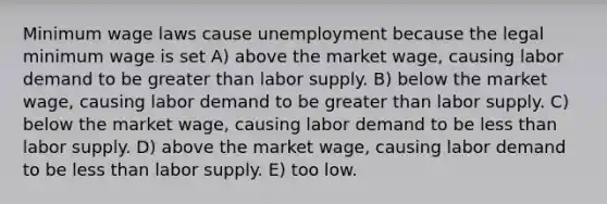 Minimum wage laws cause unemployment because the legal minimum wage is set A) above the market wage, causing labor demand to be greater than labor supply. B) below the market wage, causing labor demand to be greater than labor supply. C) below the market wage, causing labor demand to be less than labor supply. D) above the market wage, causing labor demand to be less than labor supply. E) too low.