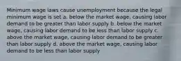 Minimum wage laws cause unemployment because the legal minimum wage is set a. below the market wage, causing labor demand to be greater than labor supply b. below the market wage, causing labor demand to be less than labor supply c. above the market wage, causing labor demand to be greater than labor supply d. above the market wage, causing labor demand to be less than labor supply