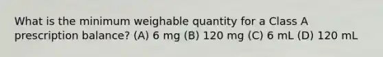 What is the minimum weighable quantity for a Class A prescription balance? (A) 6 mg (B) 120 mg (C) 6 mL (D) 120 mL