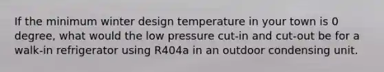 If the minimum winter design temperature in your town is 0 degree, what would the low pressure cut-in and cut-out be for a walk-in refrigerator using R404a in an outdoor condensing unit.