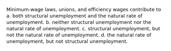 Minimum-wage laws, unions, and efficiency wages contribute to a. both structural unemployment and the natural rate of unemployment. b. neither structural unemployment nor the natural rate of unemployment. c. structural unemployment, but not the natural rate of unemployment. d. the natural rate of unemployment, but not structural unemployment.