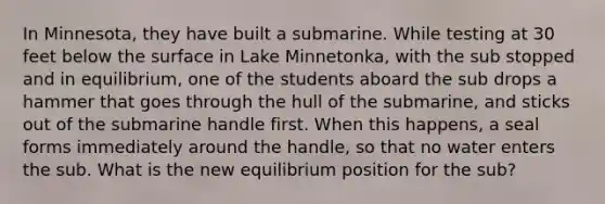 In Minnesota, they have built a submarine. While testing at 30 feet below the surface in Lake Minnetonka, with the sub stopped and in equilibrium, one of the students aboard the sub drops a hammer that goes through the hull of the submarine, and sticks out of the submarine handle first. When this happens, a seal forms immediately around the handle, so that no water enters the sub. What is the new equilibrium position for the sub?