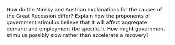 How do the Minsky and Austrian explanations for the causes of the Great Recession differ? Explain how the proponents of government stimulus believe that it will affect aggregate demand and employment (be specific!). How might government stimulus possibly slow rather than accelerate a recovery?