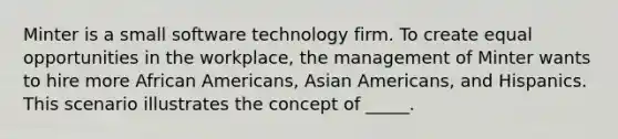 Minter is a small software technology firm. To create equal opportunities in the workplace, the management of Minter wants to hire more African Americans, Asian Americans, and Hispanics. This scenario illustrates the concept of _____.