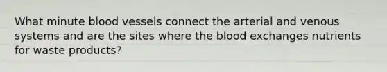 What minute <a href='https://www.questionai.com/knowledge/kZJ3mNKN7P-blood-vessels' class='anchor-knowledge'>blood vessels</a> connect the arterial and venous systems and are the sites where <a href='https://www.questionai.com/knowledge/k7oXMfj7lk-the-blood' class='anchor-knowledge'>the blood</a> exchanges nutrients for waste products?