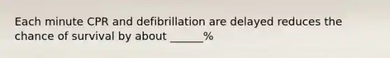 Each minute CPR and defibrillation are delayed reduces the chance of survival by about ______%